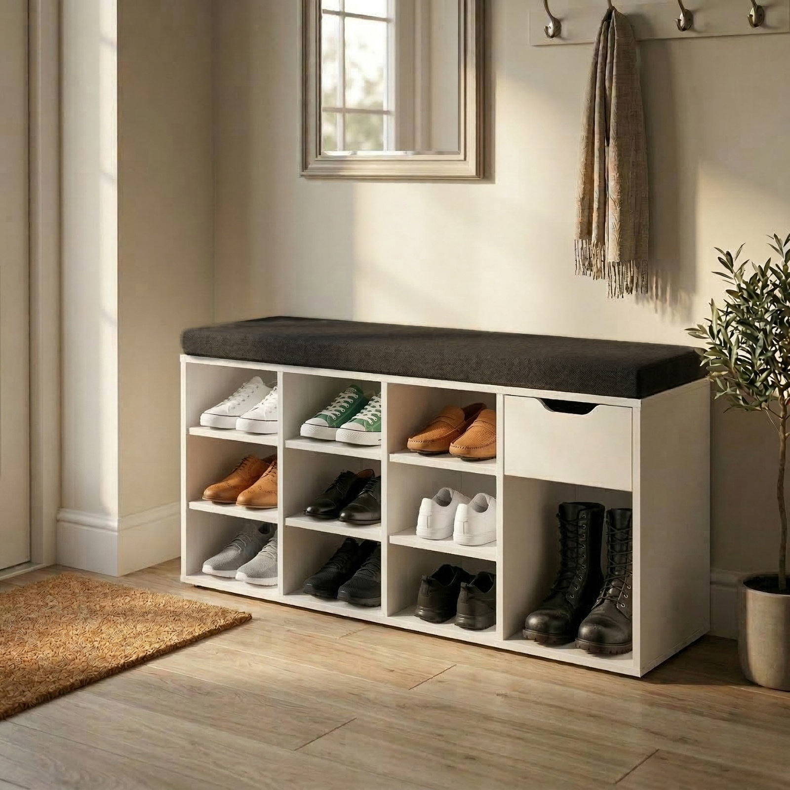 Shoe Rack BOXIMO Shoe rack with seat KADO, 104 × 50 × 30 cm, white ...