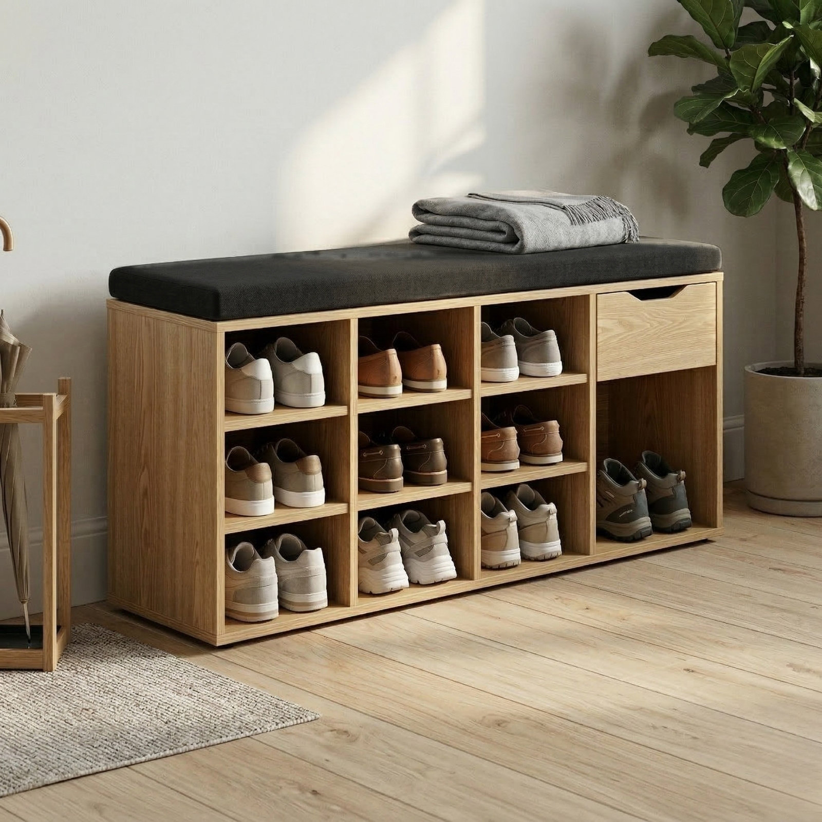 Shoe Rack BOXIMO Shoe rack with seat KADO, 104 × 50 × 30 cm, brown ...