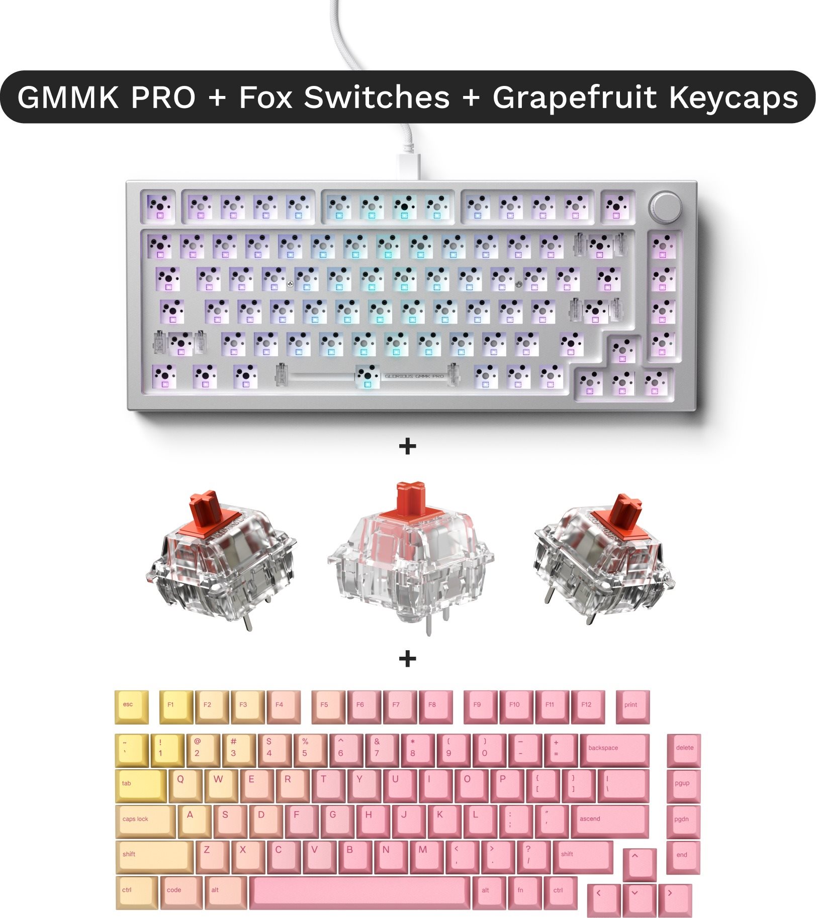 Gaming Keyboard GLORIOUS Forge Pro Bundle (Glorious Fox Switches - Forge, 120 pcs + Glorious GPBT Keycaps - Pink Gra ...