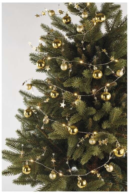 Svetelná reťaz EMOS LED vianočná girlanda – zlaté gule s hviezdami, 1,9 m, 2× AA, vnútorná, teplá biela, časovač ...