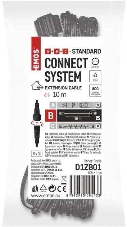 Fényfüzér EMOS Hosszabbító kábel sorolható Standard fényfüzérekhez, fekete, 10 m, kültéri és beltéri Csomagolás/doboz