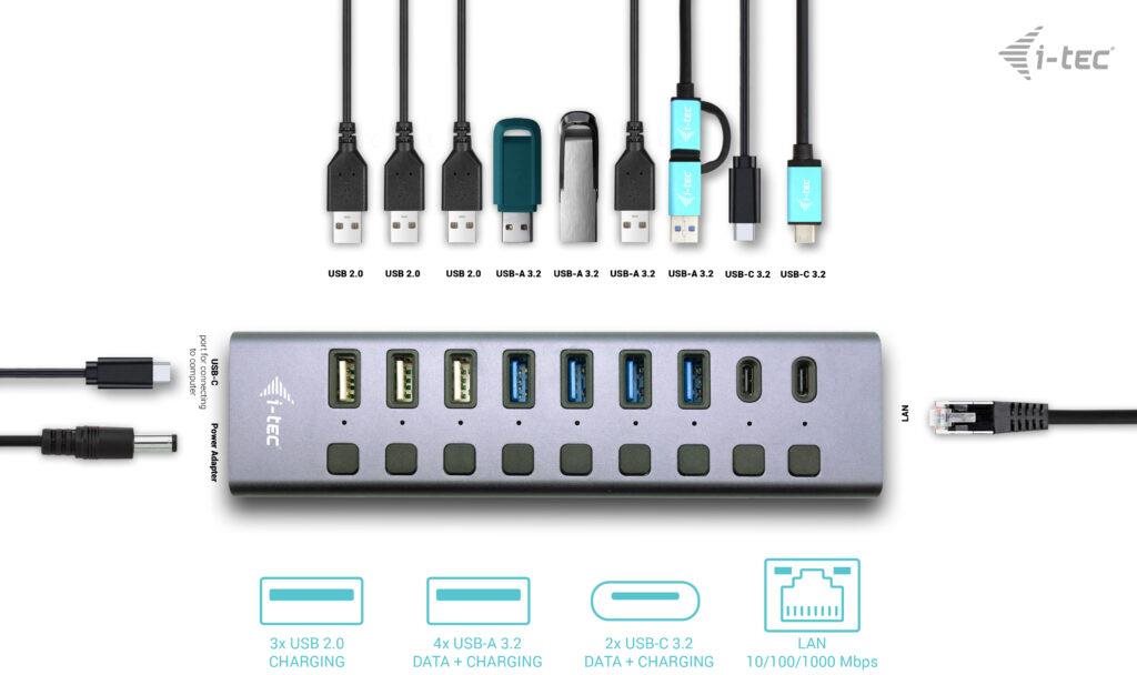 USB Hub i-tec USB 3.0/USB-C Charging HUB 9port LAN + Power Adapter 60W ...