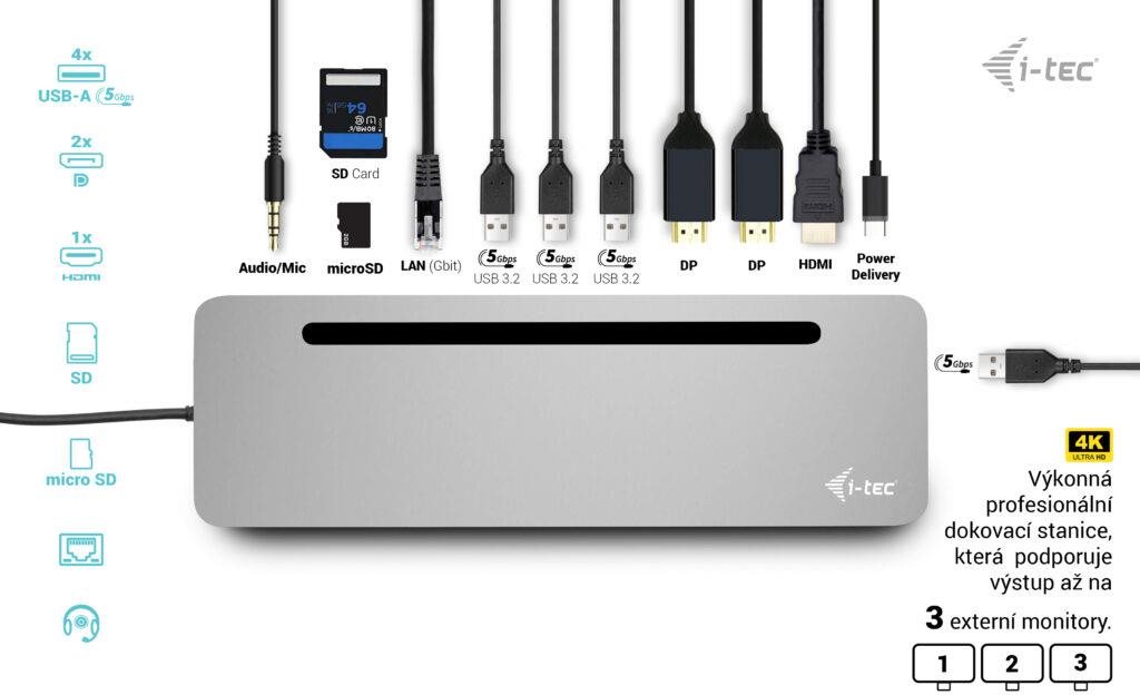 Dokkoló állomás i-tec USB-C Metal Ergonomic 4K 3x Display Docking Station, Power Delivery 100W ...