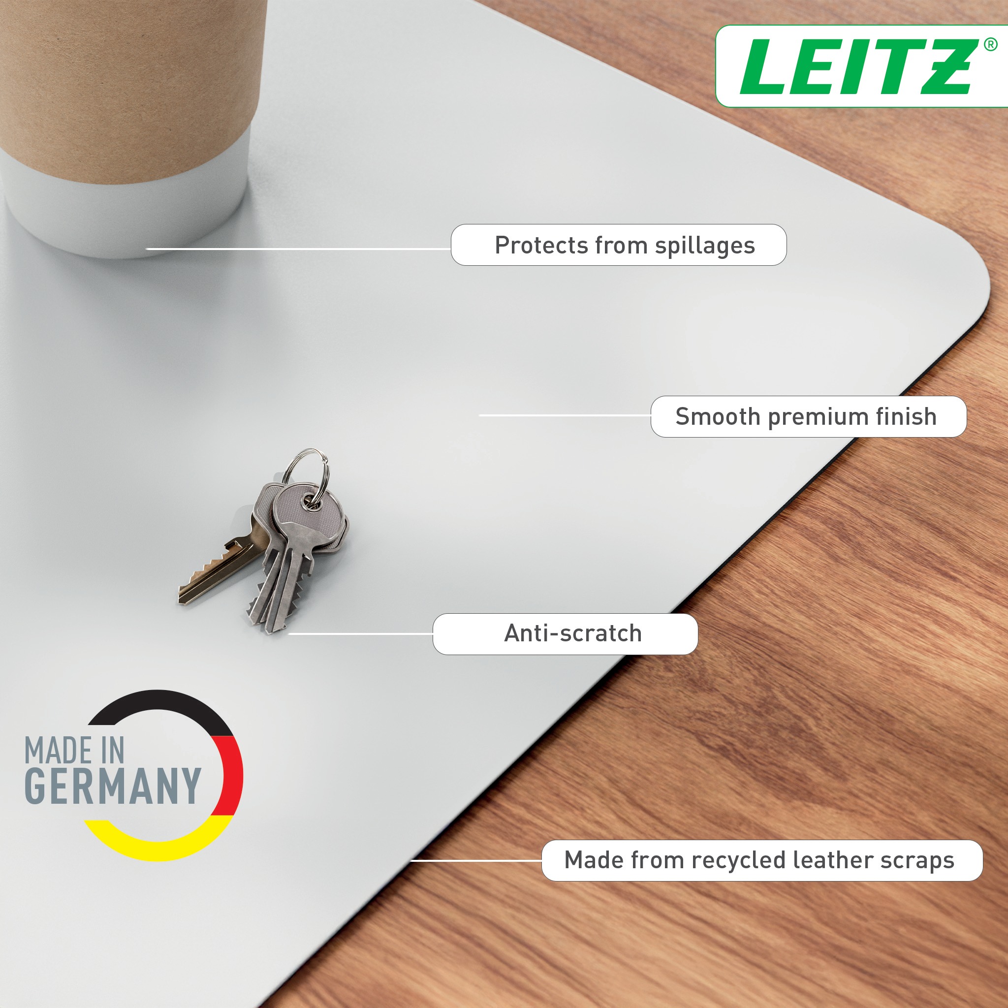 Mouse Pad LEITZ recycled leather 36 x 70 cm, light grey ...