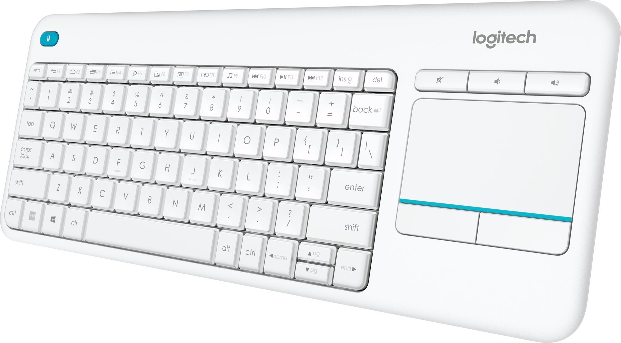 Klávesnica Logitech Wireless Touch Keyboard K400 Plus CZ biela Bočný pohľad