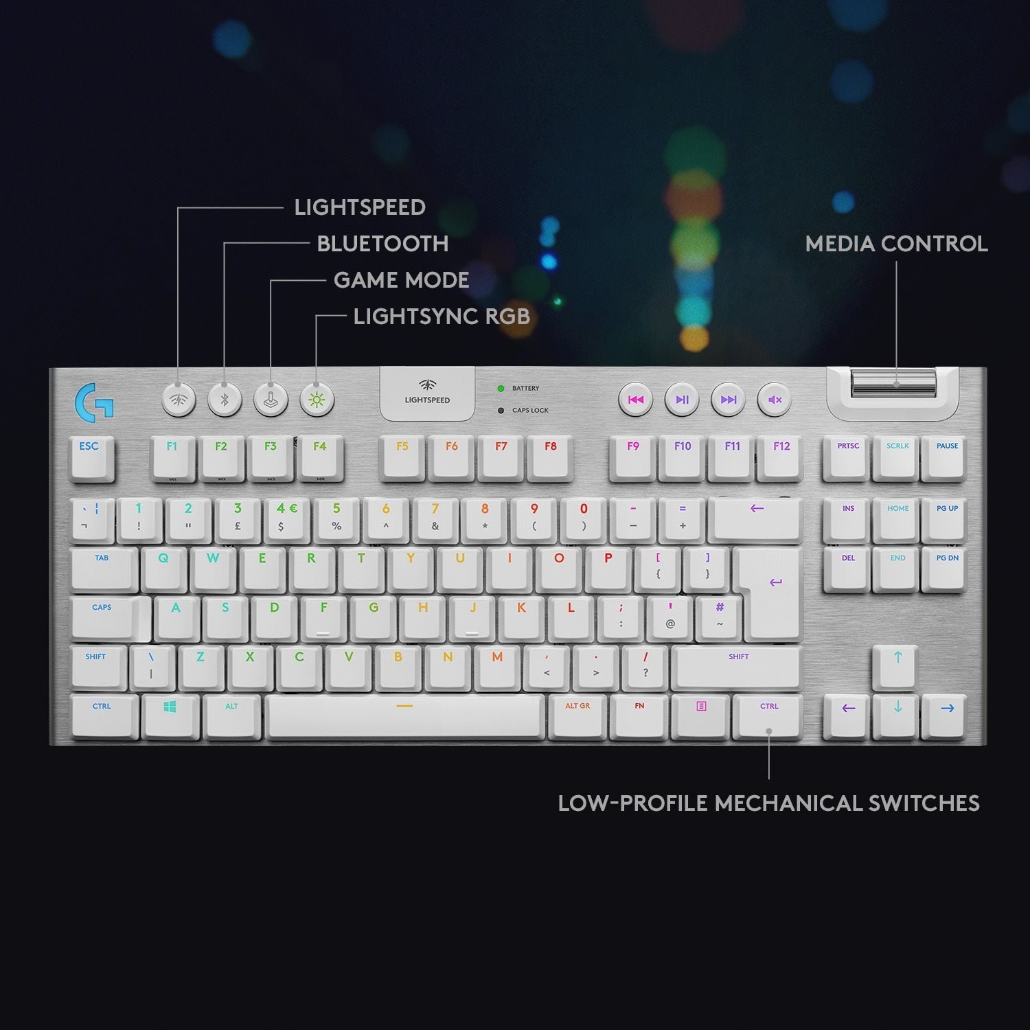 Herná klávesnica Logitech G915 LIGHTSPEED US INT GL Tactile biela Screen