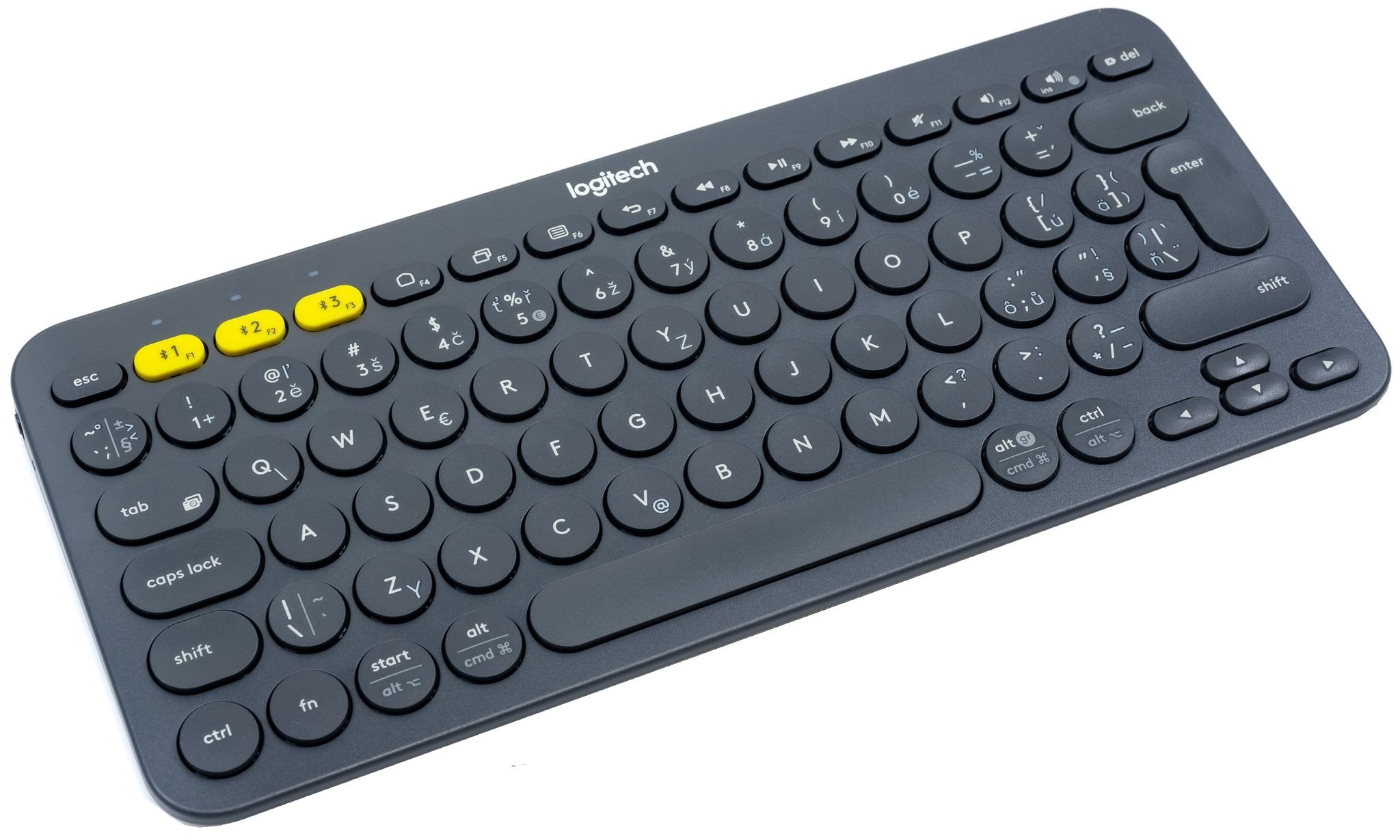 Klávesnice Logitech Bluetooth Multi-Device Keyboard K380, temně šedá - CZ/SK Boční pohled