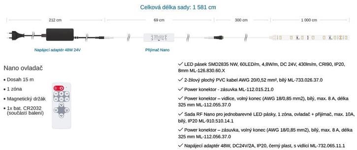 LED strip McLED Set LED strip 10 m with driver, NW, 4,8 W/m .
