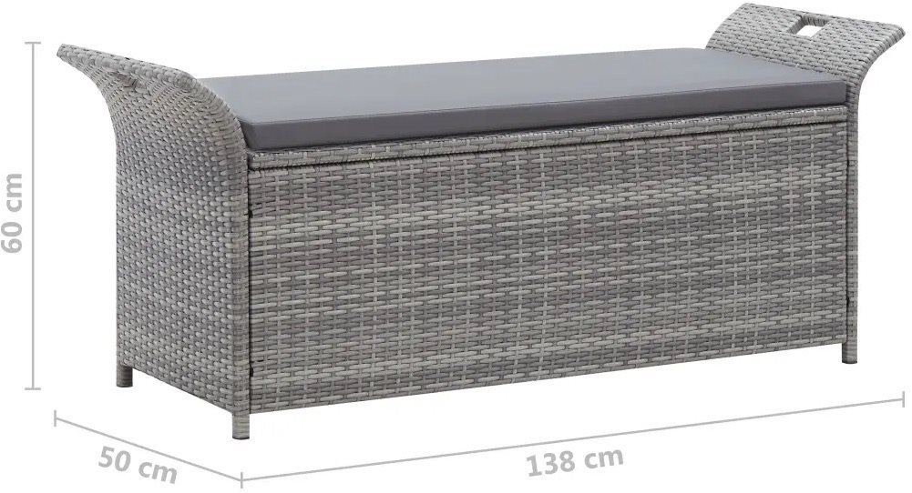 Garden Bench Storage Bench with Cushion, Grey 138cm Polyratan Technical draft
