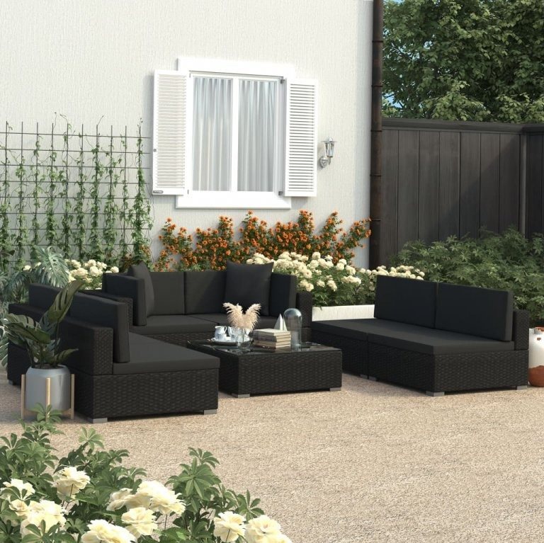 Záhradný nábytok 7-dielna záhradná sedacia súprava s poduškami čierna polyratan 47256 47256 Tabuľka veľkostí
