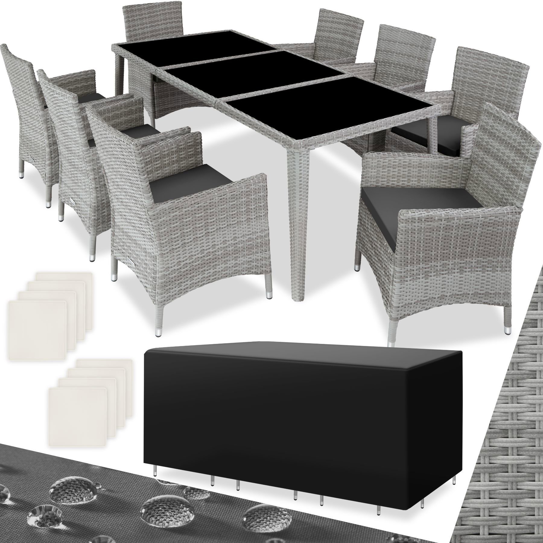 Garden furniture TecTake Menorca 8+1, rattan, with canvas, light grey .
