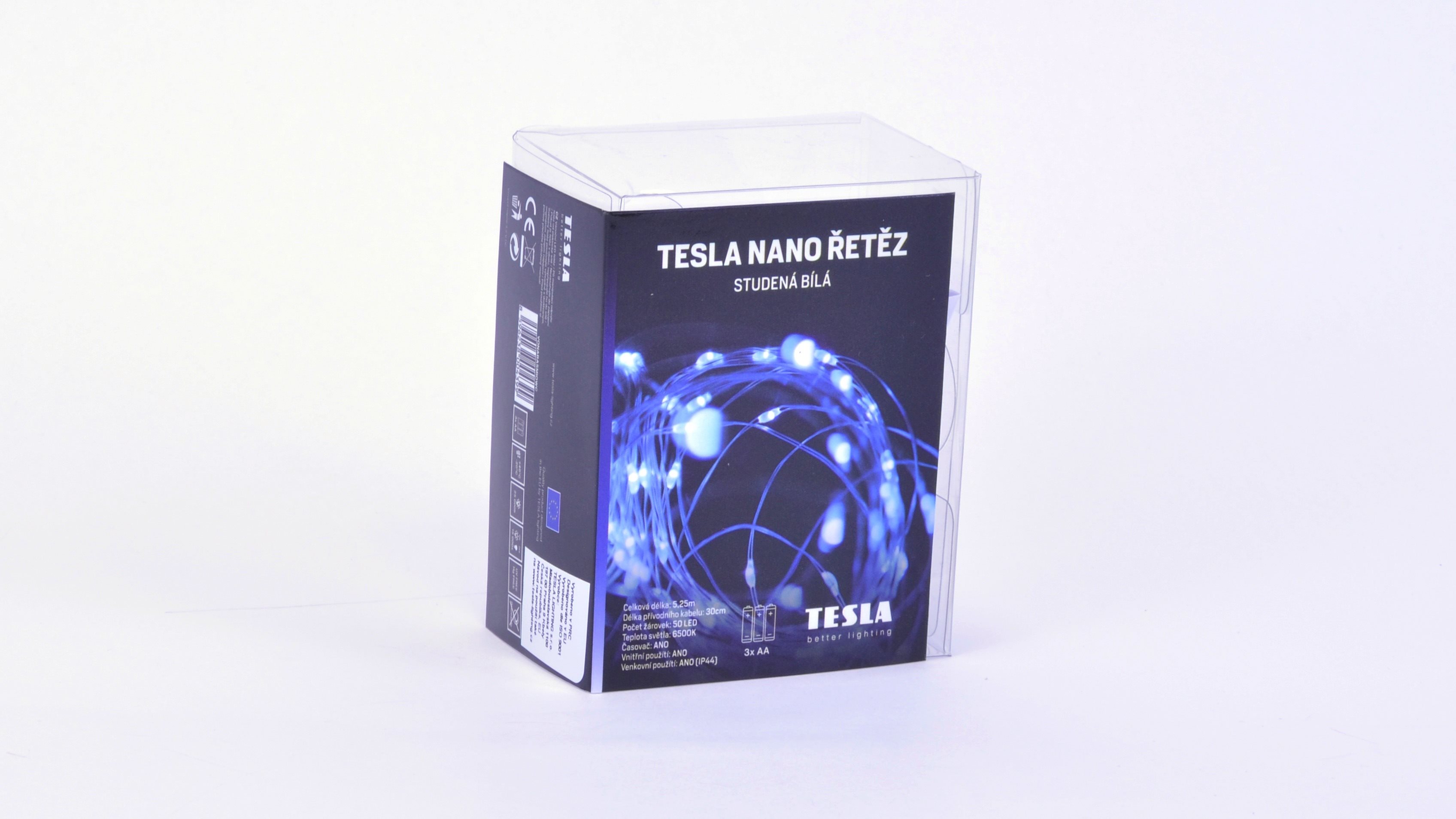 Svetelná reťaz Tesla – nano reťaz 50 LED, 6 500K, 5 m + 30 cm kábel, 3× AA batéria, časovač, IP44 ...