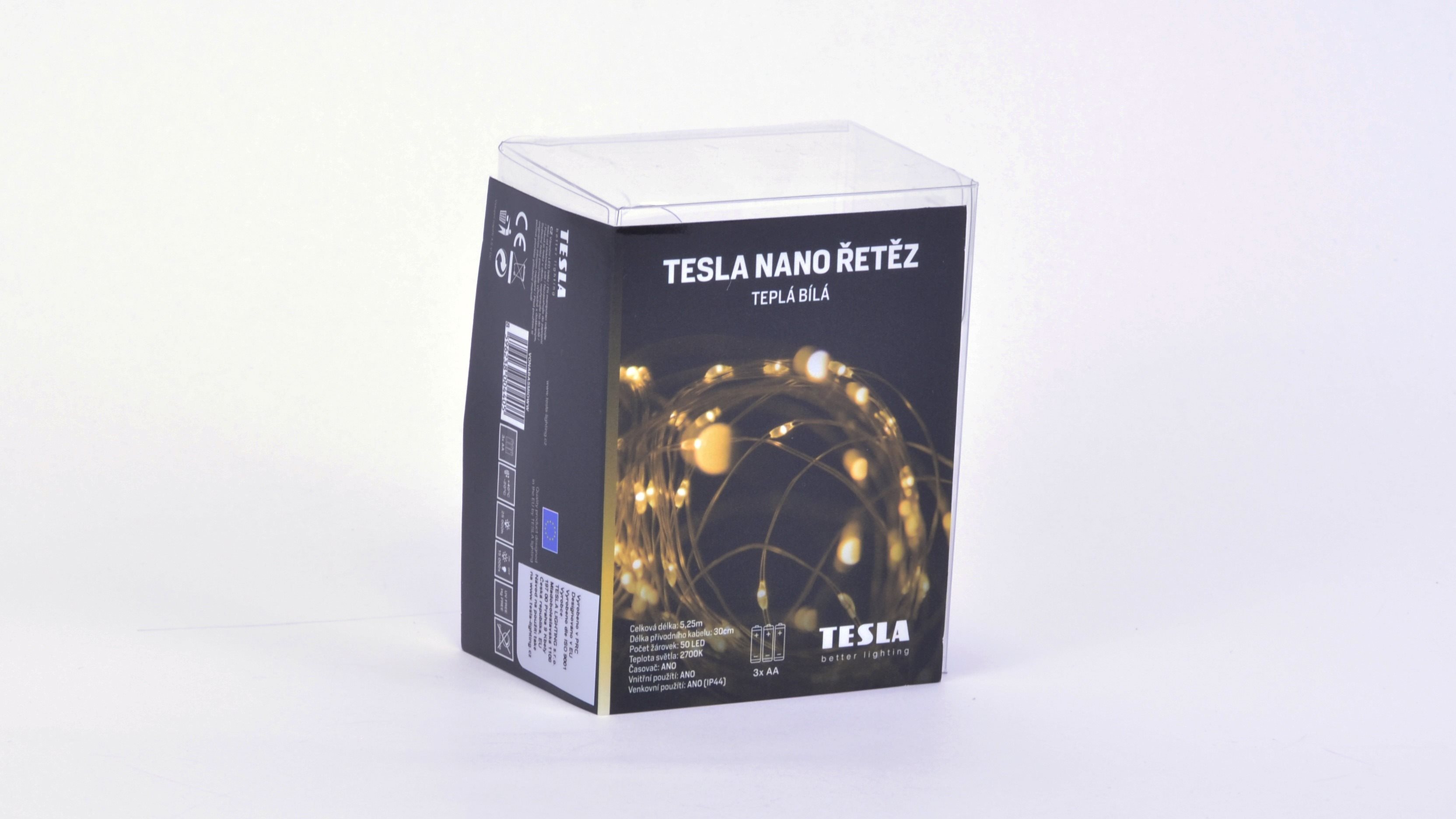 Svetelná reťaz Tesla – nano reťaz 50 LED, 2 700K, 5 m + 30 cm kábel, 3× AA batéria, časovač, IP44 ...