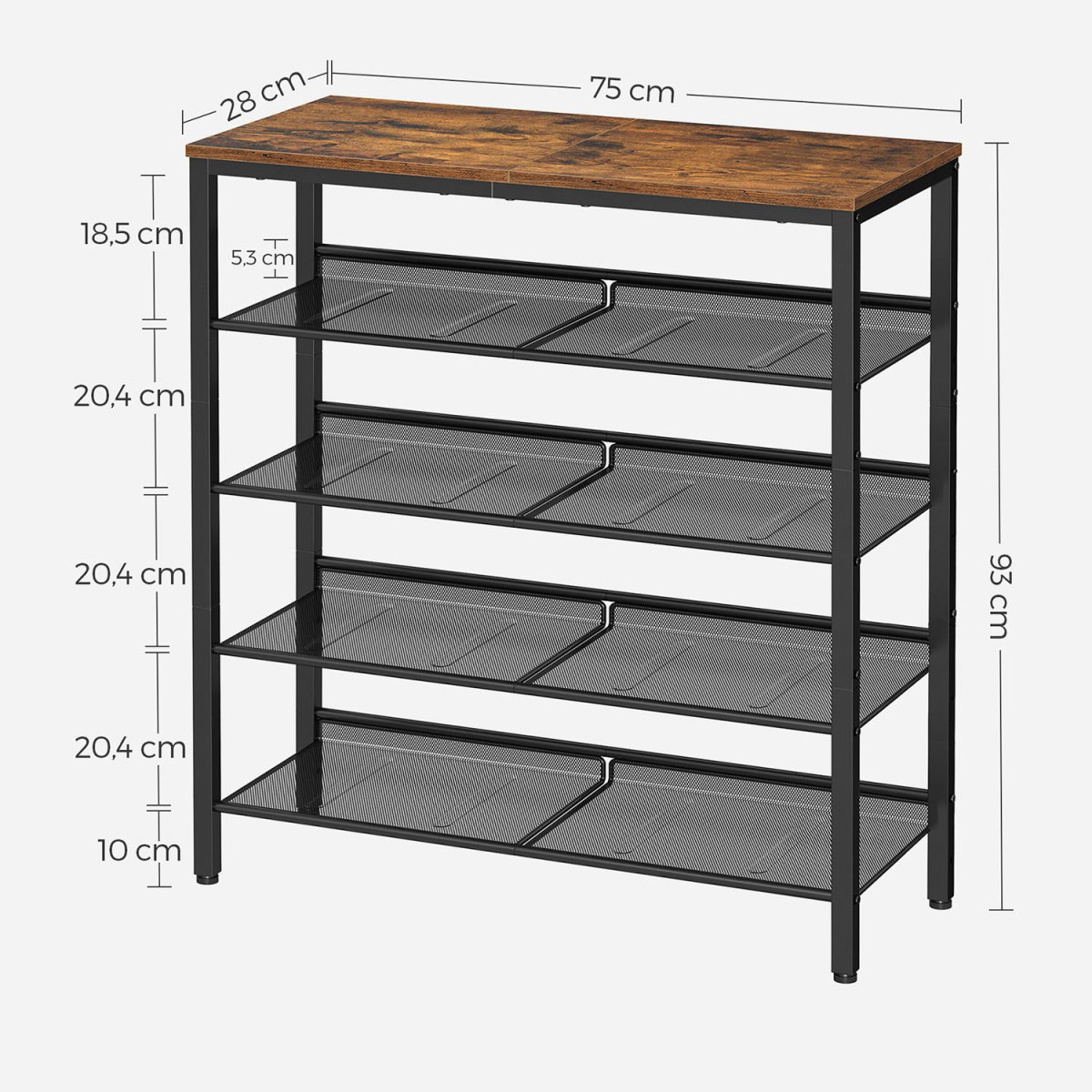 Shoe Rack Vasagle Industrial metal shoe rack, 4 shelves, 75 × 28 × 93 cm ...