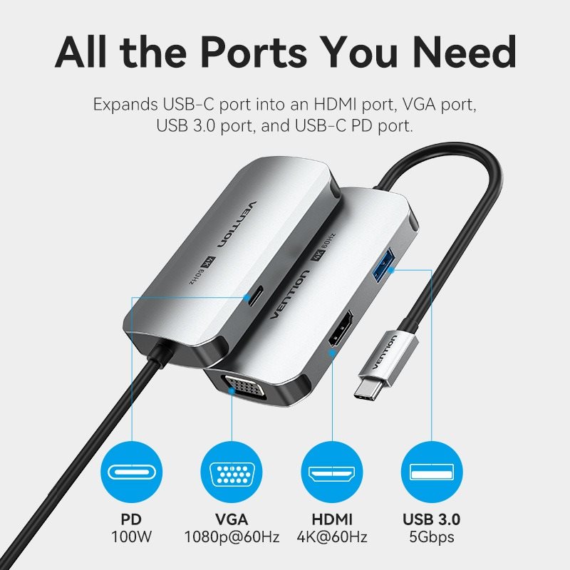 Dockingstation Vention USB-C to HDMI/VGA/USB 3.0/PD Docking Station 0.15M Gray Aluminum Alloy Type ...