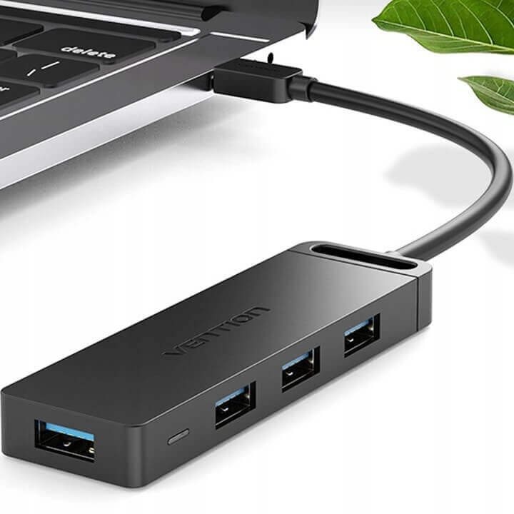 USB Hub Vention Type-C to 4-Port USB 3.0 Hub with Power Supply Black 0.5M ABS Type Lateral view