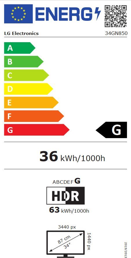 LCD Monitor 34“ LG UltraGear 34GN850-B Energy label