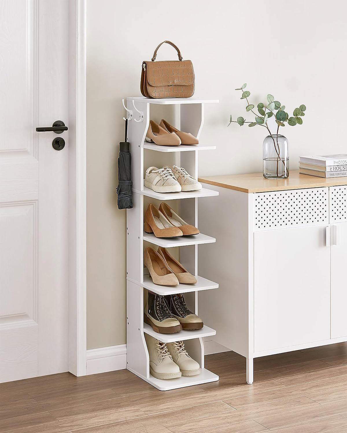 Shoe Rack VASAGLE Shoe rack 7 shelves narrow with hooks white 30 × 26,4 × 110,4 cm ...