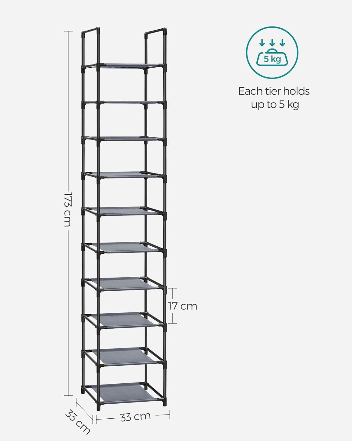 Shoe Rack SONGMICS Shoe rack 10 shelves, textile shelves, 3 × 33 × 173 cm, grey ...