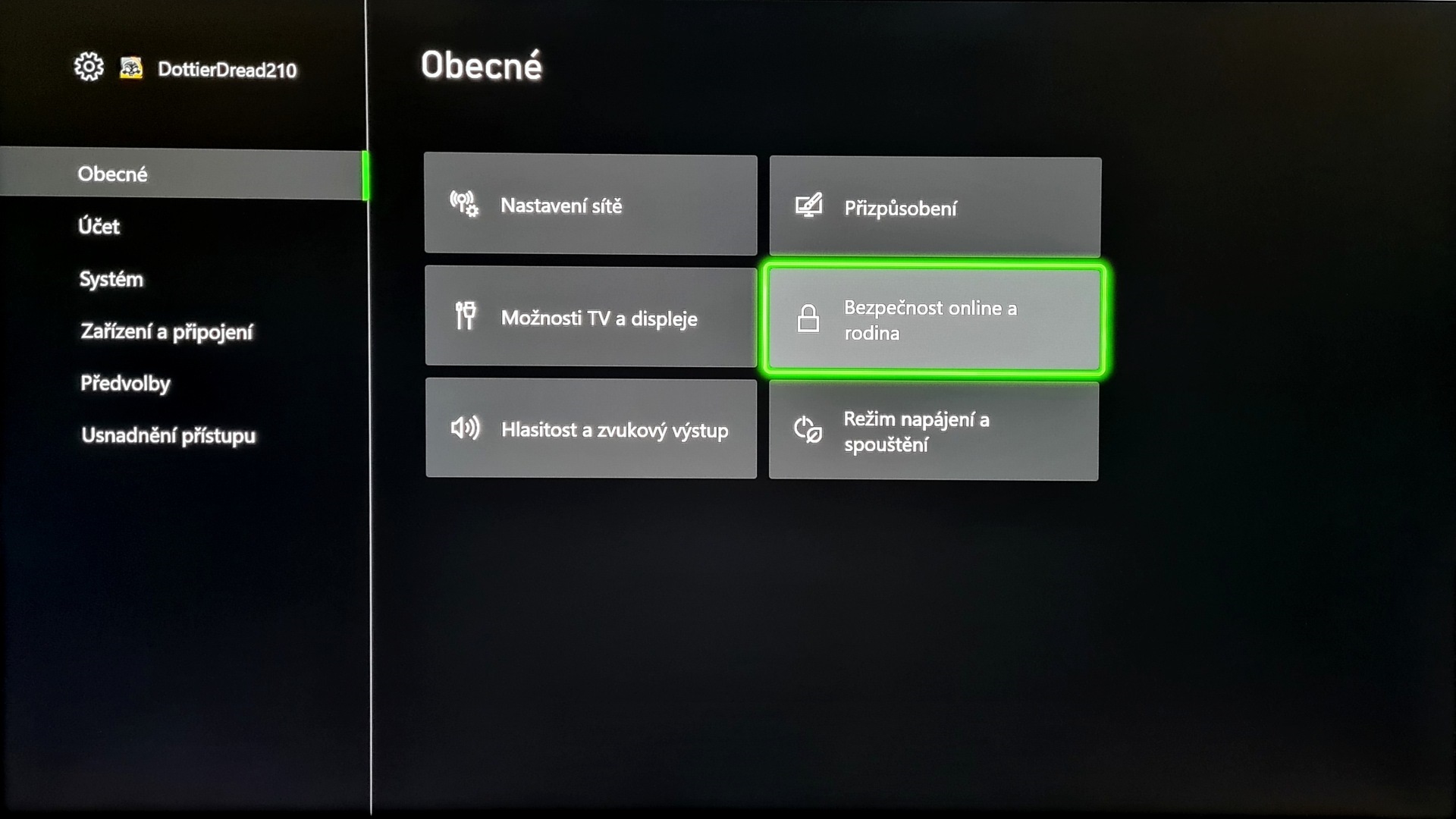 Rodičovská kontrola Xbox; screenshot: nastavení konzole