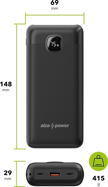 AlzaPower Garnet 20000mAh Power Delivery (22,5W) powerbank, fekete