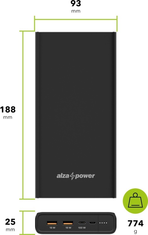 AlzaPower Metal 40000mAh Fast Charge + PD3.0 (100 W)