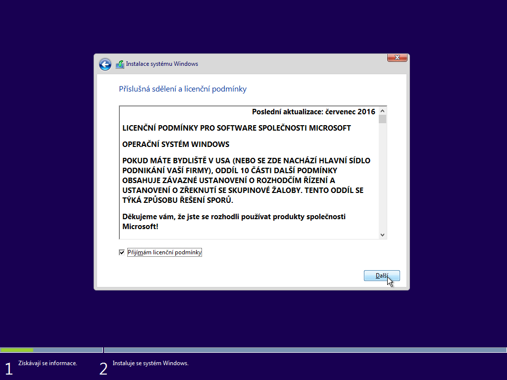 Čtvrté okno instalace Windows 10
