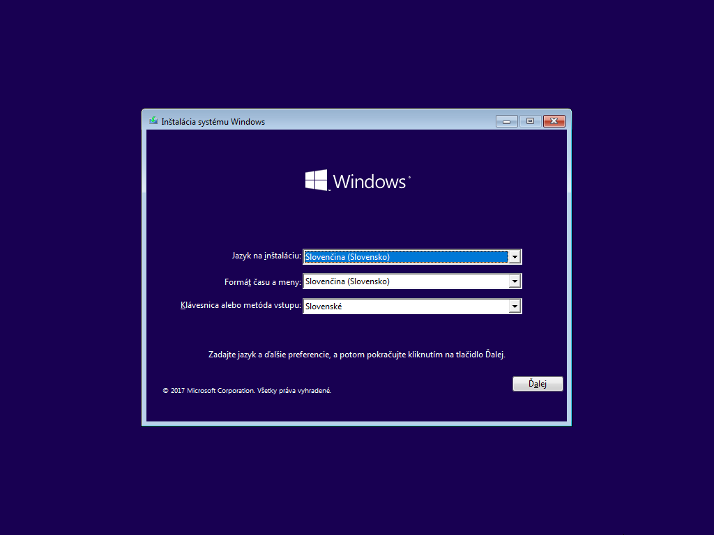 Prvé okno inštalácie Windows 10