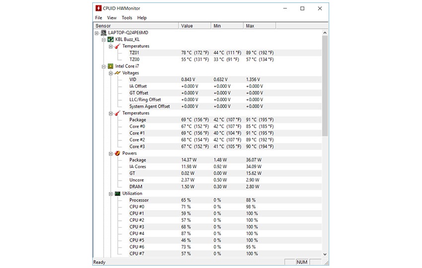 Teploty Acer Spin 5 – software HWMonitor