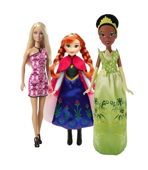 Ajándékok lányoknak, Jégvarázs- Anna baba kifestős szoknyával, Disney hercegnők - Tiana baba, Mattel Barbie - baba, fekete / fehér ruhában virággal
