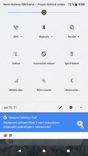 Google Pixel 2, screenshot, horní lišta