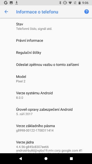 Google Pixel 2, screenshot, informace o zařízení