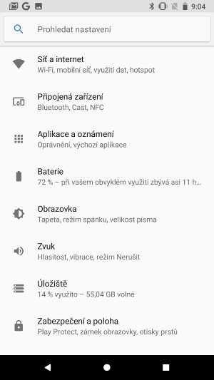 Google Pixel 2, screenshot, nastavení