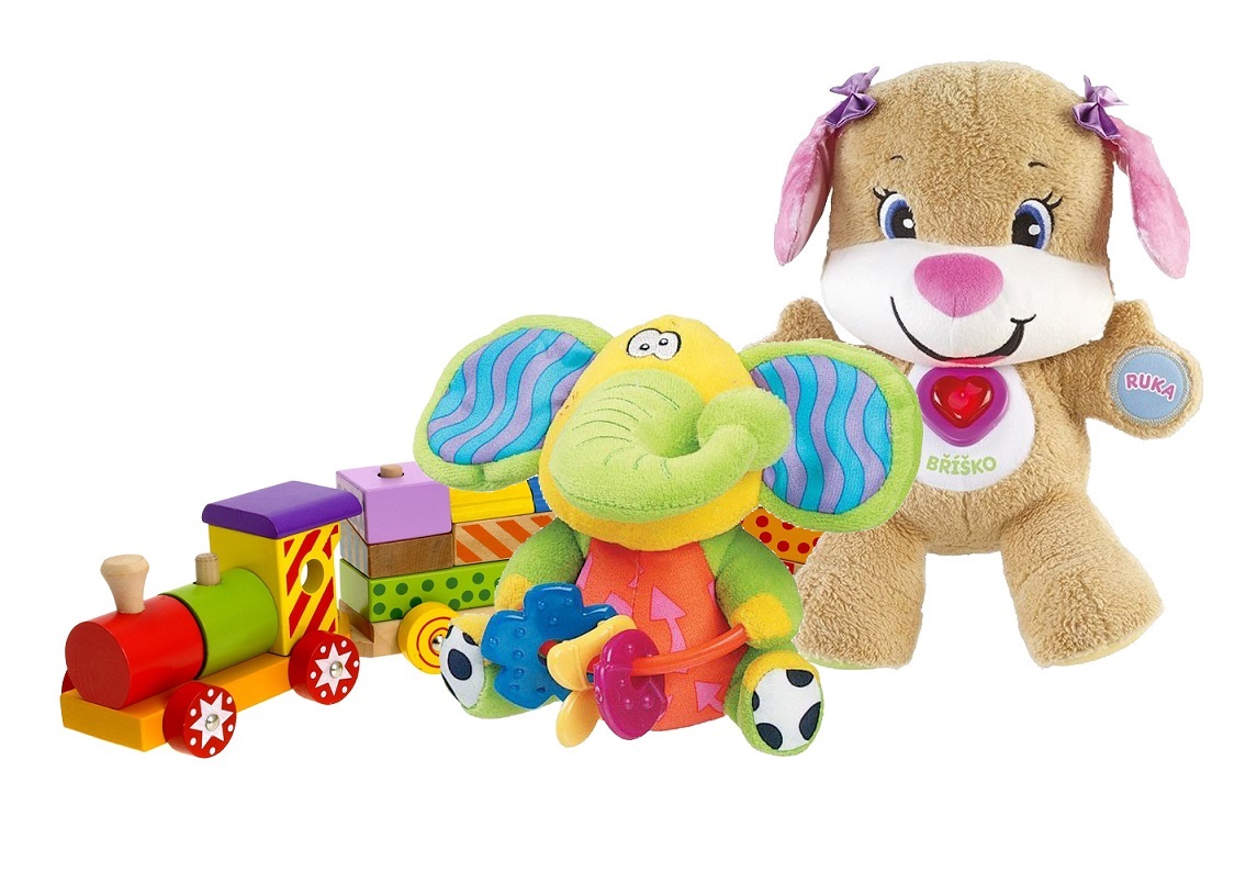 Ajándékok kisbabáknak, Mattel Fisher Price - Beszélő kutya, Playgro Elefánt, Simba Eichhorn fajáték vonat