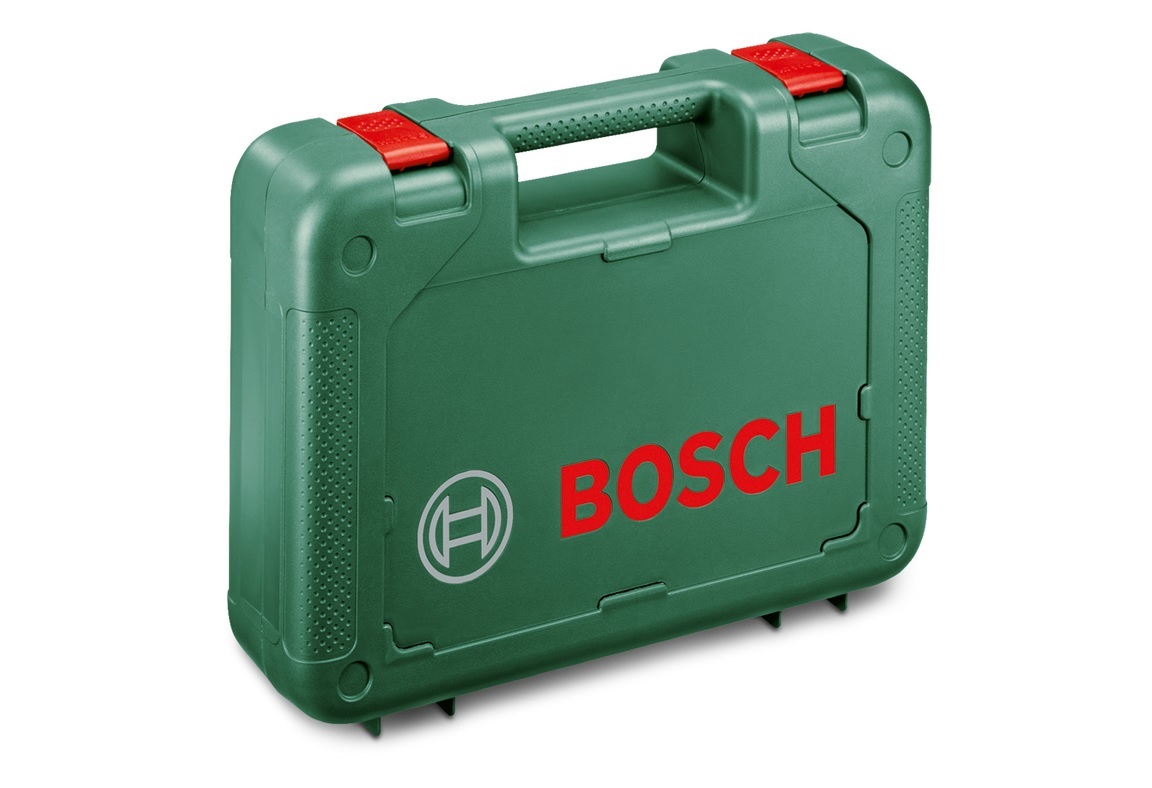plastový kufřík s Bosch PSR 18 LI-2, dvěma bateriemi PBA 18, rychlonabíječkou AL 1830 CV a šroubovacím bitem