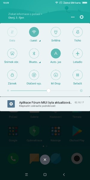Xiaomi Mi Mix 2, screenshot, horní lišta