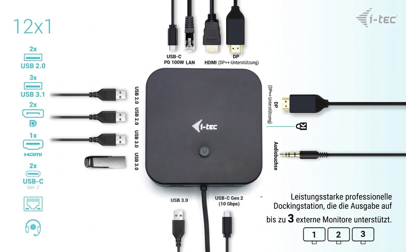 Dockingstation i-tec USB-C HDMI Dual DP Display Docking Station + 100W-Netzteil