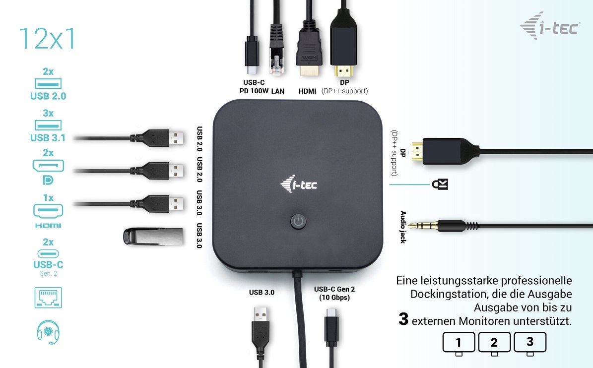 i-tec USB-C HDMI Dual DP Display Docking Station + 100W Power Adapter