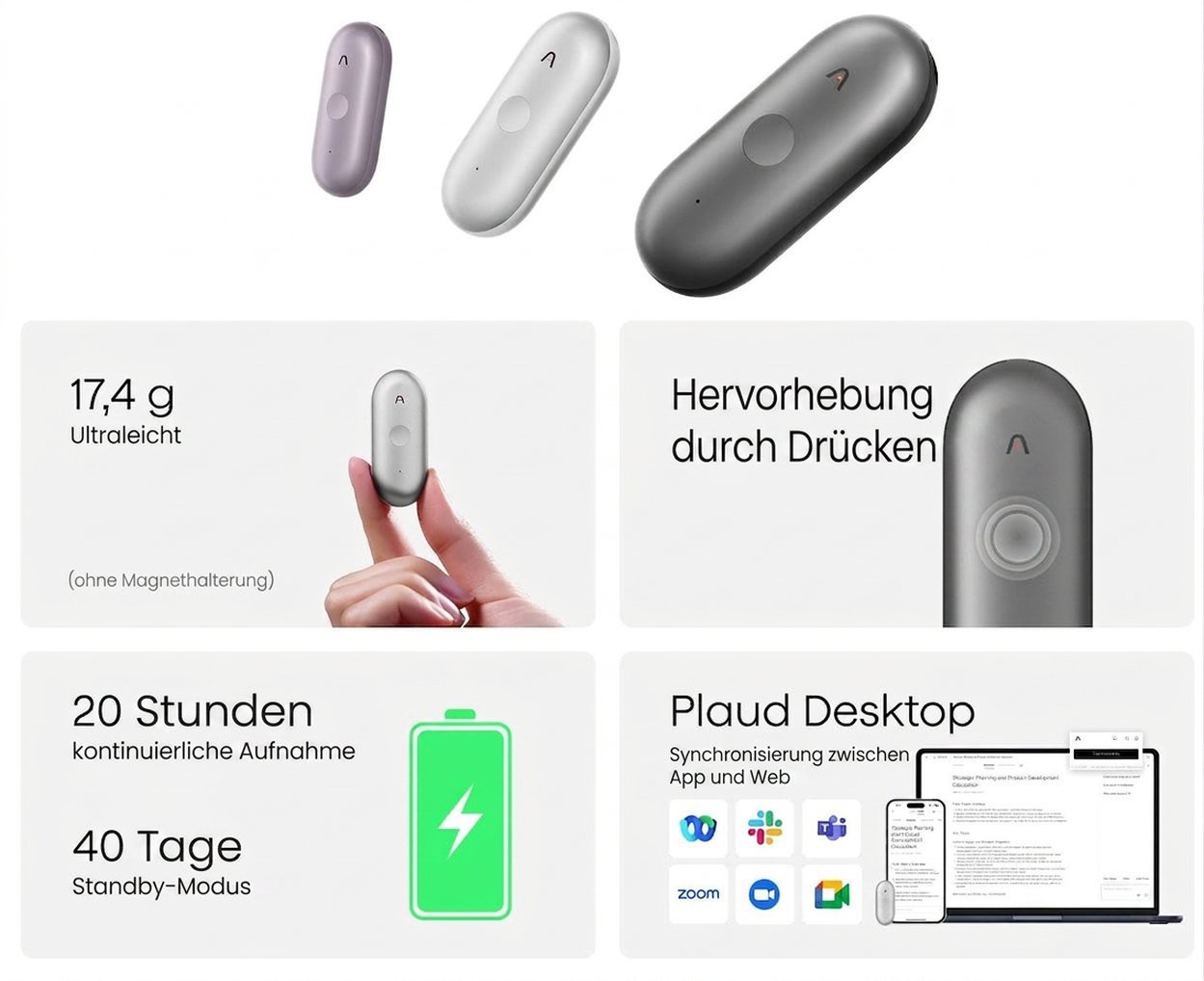 Digitales Diktiergerät PLAUD Note Pin S Black – AI-Sprachaufzeichnungsgerät + Armband und Umhängeband