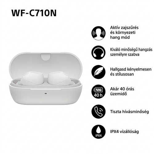 Fehér Sony Noise Cancelling WF-C710N vezeték nélküli fülhallgató