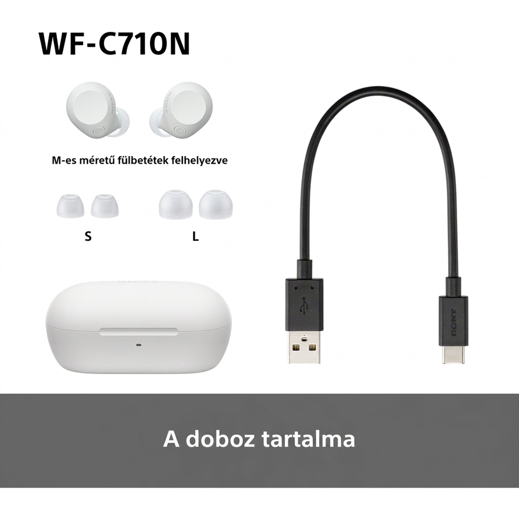 A Sony WF-C710N vezeték nélküli fülhallgató csomagjának tartalma