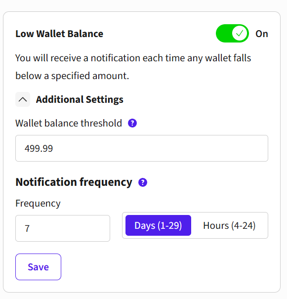 Balance limit and notification frequency