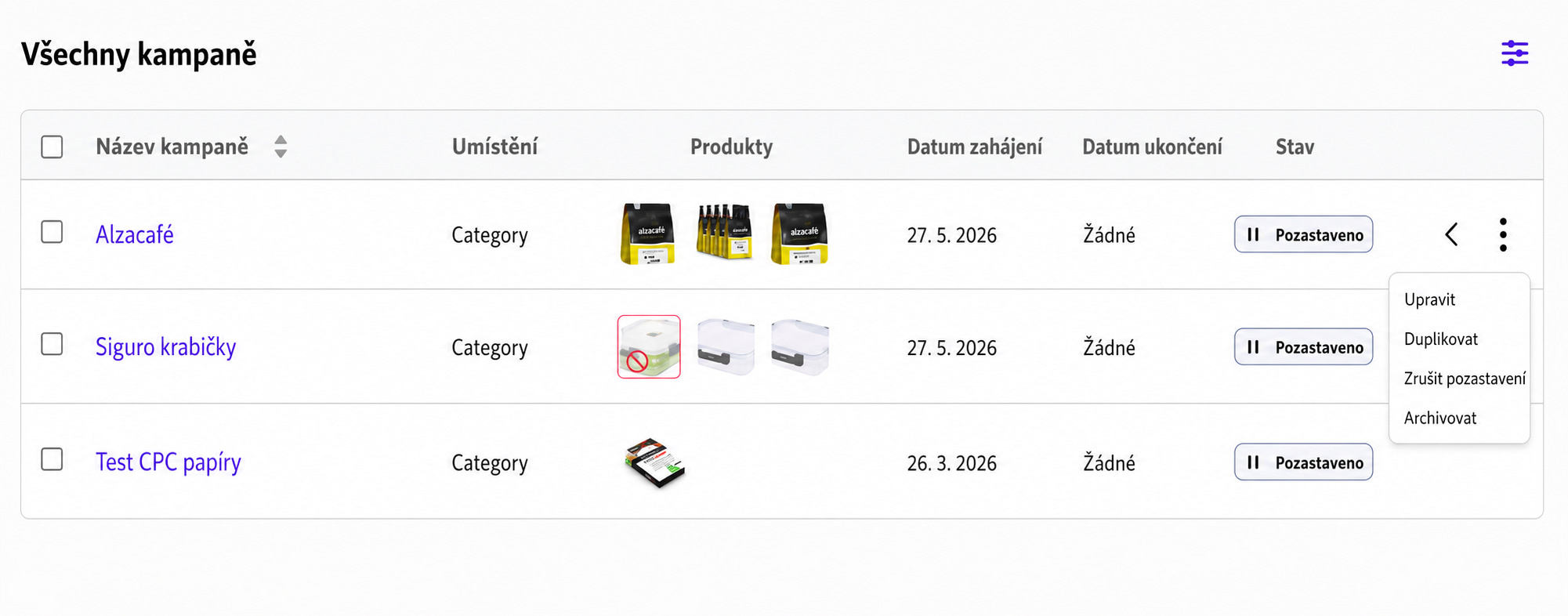 Tlačítko Duplikovat kampaň