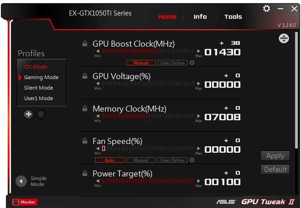 Asus Expedition GTX 1050 Ti O4G GPU Tweak II OC mode