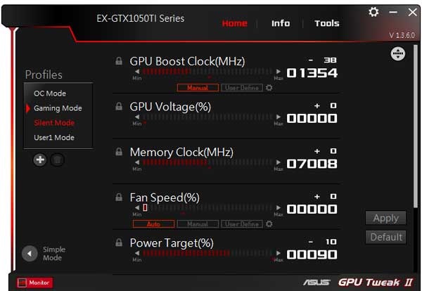 Asus Expedition GTX 1050 Ti O4G GPU Tweak II Silent mode