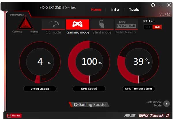 Asus Expedition GTX 1050 Ti O4G Gaming GPU Tweak II Simple mode
