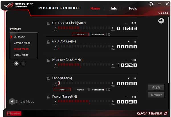 Asus ROG Poseidon GTX 1080 Ti Platinum GPU Tweak II Silent mode