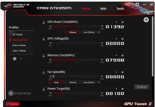 Asus Strix GTX 1050 Ti 4G Gaming GPU Tweak II Gaming mode