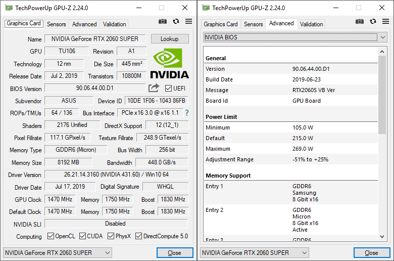 Asus Strix RTX 2060 SUPER O8G Gaming GPUZ