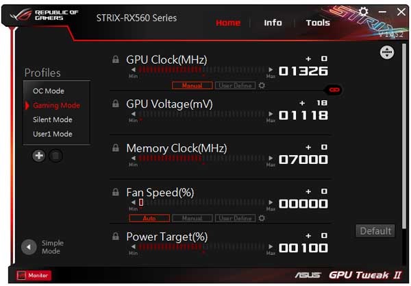 Asus STrix RX 560 O4G Gaming GPU Tweak II Gaming mode